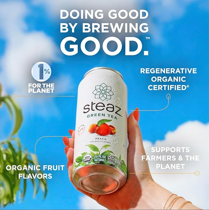 Steaz - Organic Green Tea - Hibiscus Flavored (12 Pack) - Antioxidant Brew - 30mg Natural Caffeine Vitamin C - Cane Sugar Sweetened Iced Tea - Vegan Fair Trade - 12 Cans 16 fl oz (473mL)