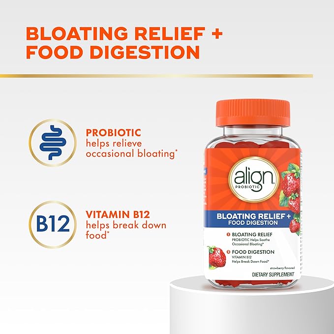 Align Probiotic Bloating Relief + Food Digestion Probiotics for Women and Men Probiotic Helps Soothe Occasional Bloating* With Vitamin B12 to Help Break Down Food into Cellular Energy*60 Gummies