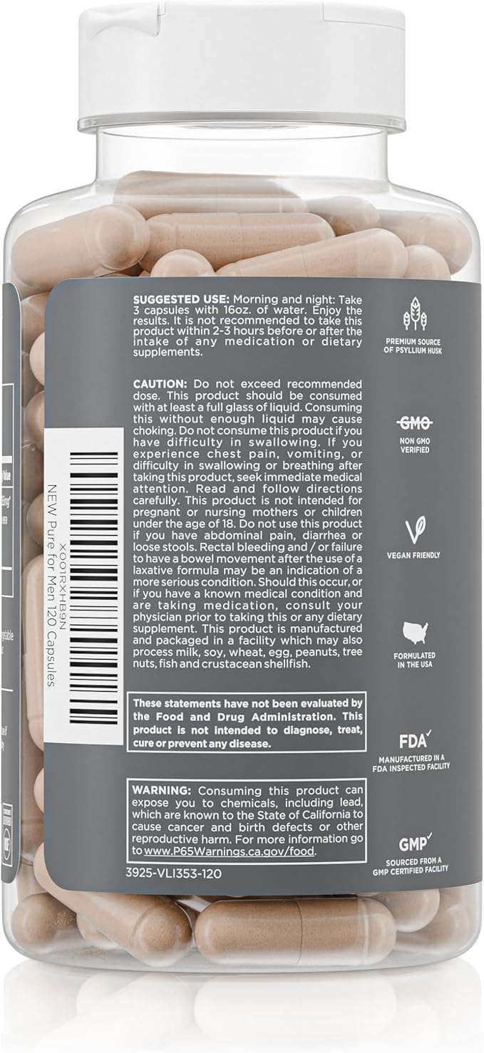 Pure for Men Original Vegan Cleanliness Stay Ready Fiber Supplement | Helps Promote Digestive Regularity | Psyllium Husk Aloe Vera Chia Seeds Flaxseeds | Proprietary Formula | 120 Vegan Capsules