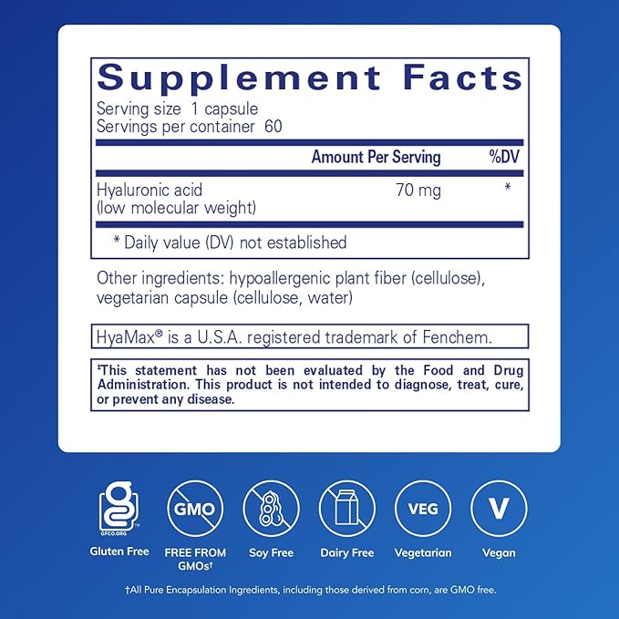 Pure Encapsulations Hyaluronic Acid - for Skin Hydration Joint Lubrication &amp Joint Health* - Effective Absorption - Gluten Free - Vegan &amp Non-GMO - 60 Capsules