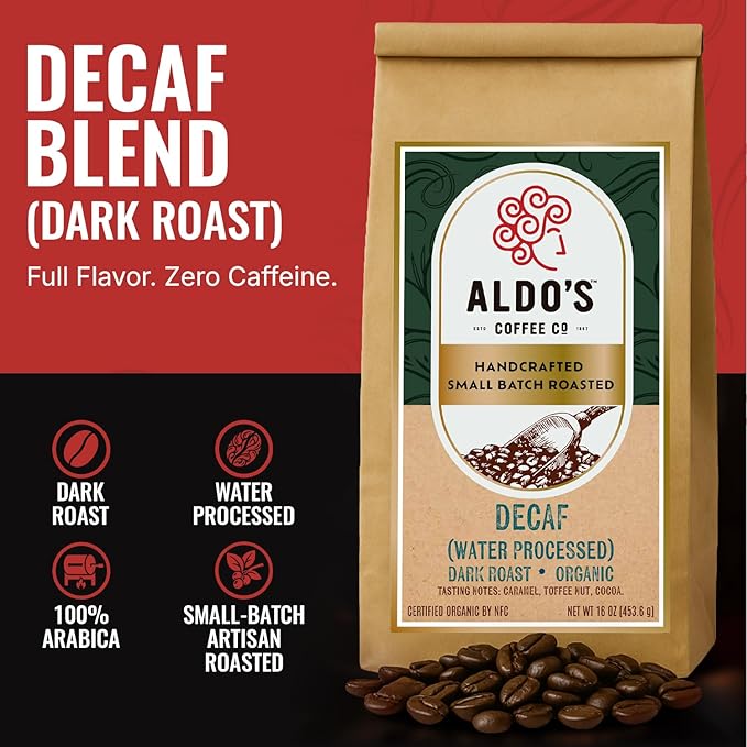 Aldo’s Coffee Co. Organic Water Process Decaf Coffee Dark Roast 100% Arabica from East Timor 16 oz (Medium Grind)