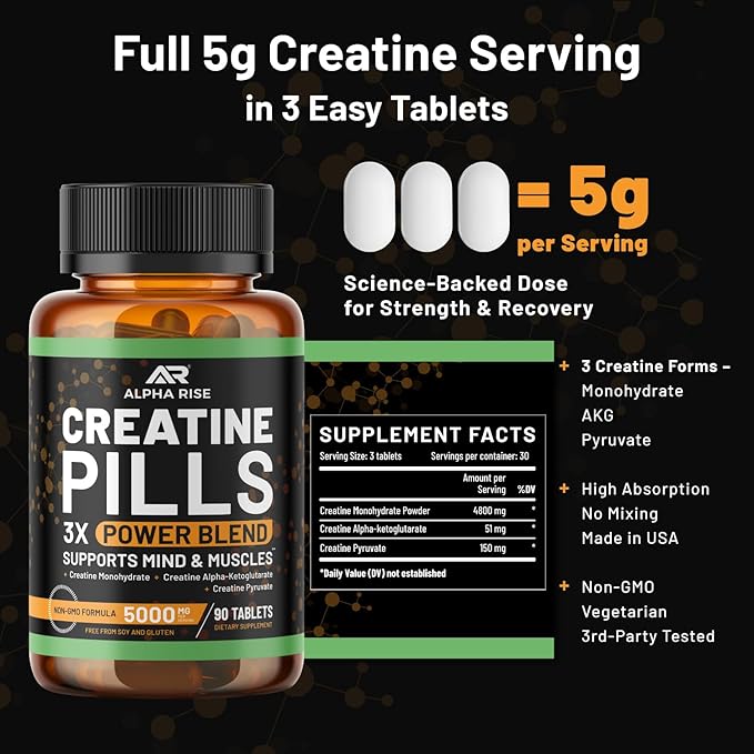 Creatine Pills for Men – Creatine Capsules with 3X Power Blend (Monohydrate Creatine AKG &amp Pyruvate) | 5g Creatine per Serving | No Powder Creatine Tablets | Non-GMO | 90 Tablets