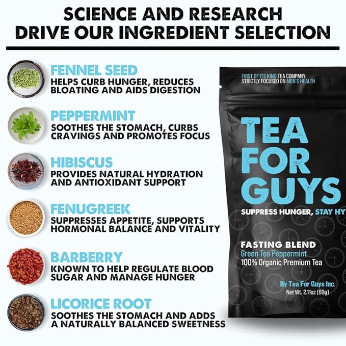 Tea For Guys: Fasting Tea – Strong Herbal Blend for Focus Grit and Control | – 20 Biodegradable Tea Bags