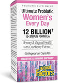 Natural Factors Ultimate Probiotic Women's Every Day - Digestive Health Support Supplement - Probiotic Supplement for Urinary Tract &amp Vaginal Health Support - 60 Vegetarian Capsules (60 Servings)