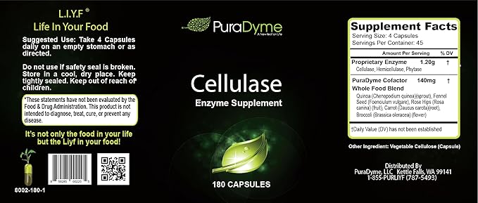 PuraDyme - Cellulase Enzyme Supplement Supports Digestive Health 180 Capsules