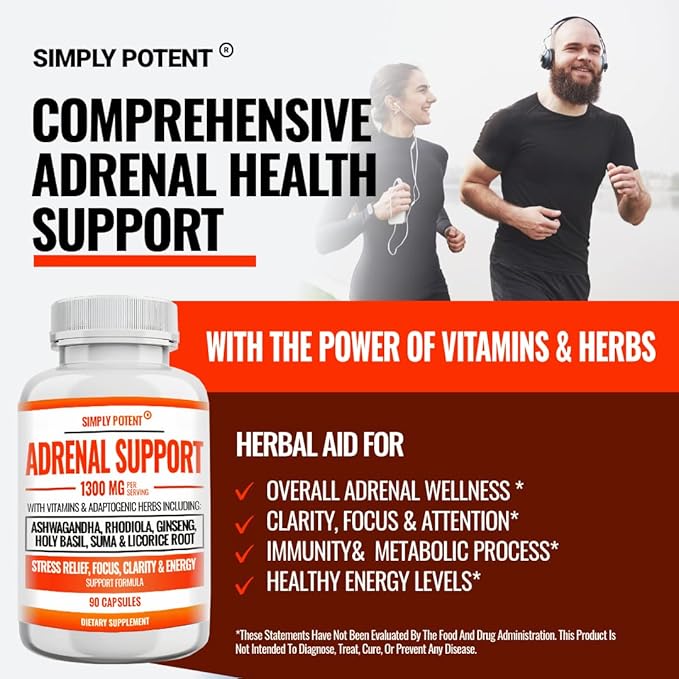 Simply Potent Adrenal Support and Cortisol Manager - 90 Capsules Adrenal Health Supplement with Ashwagandha Licorice Root Rhodiola Rosea Ginseng Holy Basil for Adrenal Fatigue for Women &amp Men