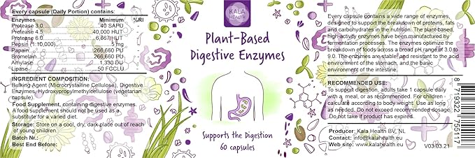 KALA HEALTH Plant-Based Digestive Enzymes Plant Based high-Activity enzymes from Fermentation – Stable enzymes That Resist Stomach Acid for Optimal Intake – optimizes The Breakdown of Food (60)