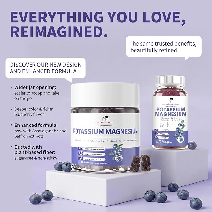 2 Pack Potassium Magnesium Gummies Sugar-Free Potassium Gummies with Magnesium Glycinate 500mg Chewable Potassium Magnesium Supplements with Calcium Zinc &amp Vitamins to Support Leg Muscle Relaxat
