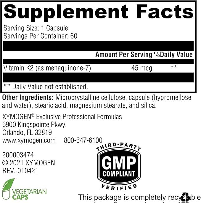 XYMOGEN K2-45 - Bone &amp Cardiovascular Support - 45 mcg Vitamin K2 - Bioavailable Natto-Derived Vitamin K - Vegetarian Gluten-Free Non-GMO - 60 Capsules