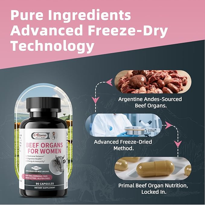 Alliwise 2 Pack Beef Organ Supplement for Women - Supports Female Hormonal Balance Energy &amp Overall Wellness 100% Grass Fed Beef Organs Complex: Liver Uterus* Heart &amp 3 More (2 Capsules Dai