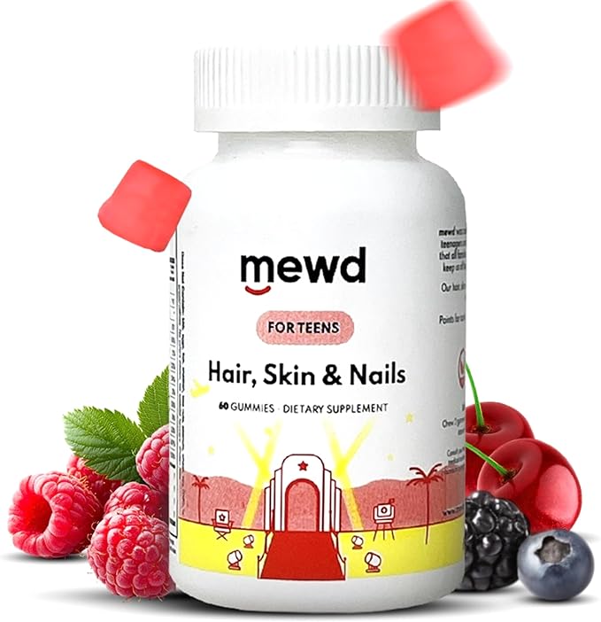 MEWD Teen and Kids Hair Skin &amp Nails Support Multivitamin Gummies - Biotin Strength &amp Growth with Zinc Vitamins A D3 B1 B2 B6 &amp B12 - Gluten-Free Non-GMO for Girls &amp Boys - 60 C