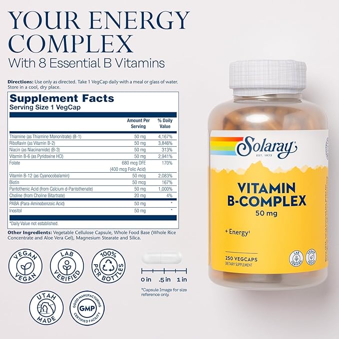 SOLARAY Vitamin B Complex 50 mg - Cellular Energy Vitamins - Metabolism and Nerve Health Support with Vitamin B12 Vitamin B1 B6 Niacin Folic Acid Biotin and Other B Vitamins - Vegan 250 VegCaps