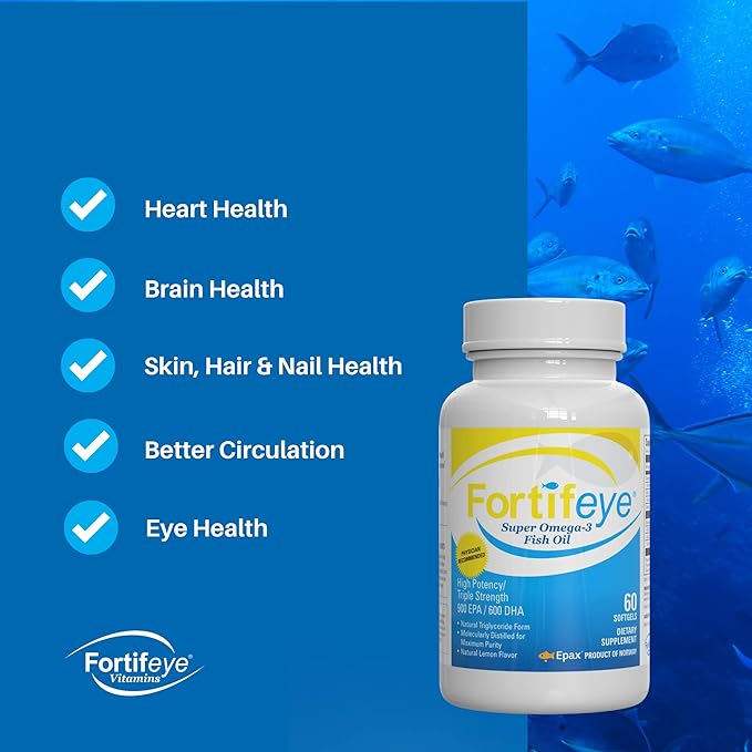 Fortifeye Omega 3 Fish Oil 120Count 1600 mg Made in Norway - High Potency rTG Form Supplement with EPA &amp DHA Triple Strength Fish Oil Softgels for Men Women No Fishy Aftertaste Natural Lemon Fl