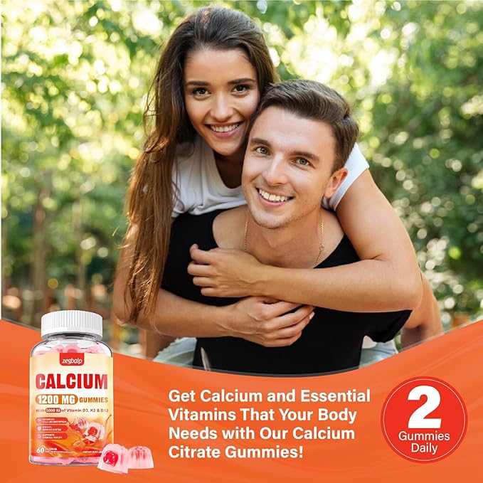 Calcium 1200 mg with Vitamin D3 Supplement for Adults - Calcium Gummies with Vitamin D3 5000IU K2 B12 for Women Men - Extra Absorption Calcium Citrate - Natural Strawberry Flavor 60 Gummies