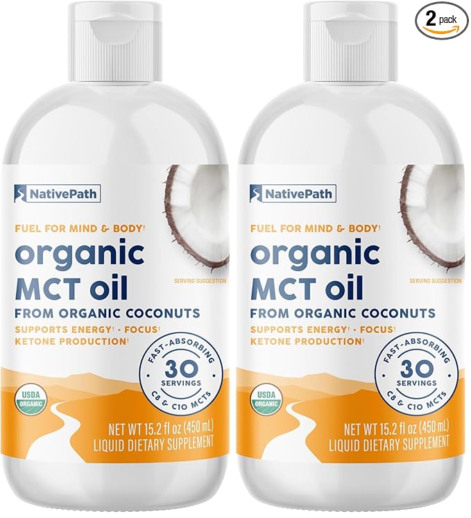 NativePath USDA Organic MCT Oil 30 Servings - Premium C8 &amp C10 from Coconuts - for Keto Coffee Energy &amp Focus - Flavorless Non-GMO Vegan (15.2 fl oz) (Pack of 2)