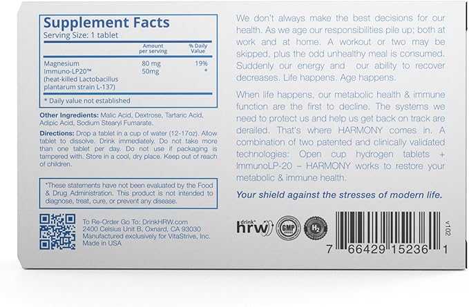DRINK HRW Harmony Molecular Hydrogen Water Tablets: ImmunoLP20 Magnesium for Energy Boost Mental Focus Stress Support Daily Antioxidant Health Supplement (Unflavored 30 Count)