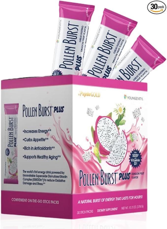 Youngevity ProJoba Pollen Burst™ Dragon Fruit - Clean Natural Energy Supplement w/Green Tea Pollen Extract GliSODin® - Increase Focus Brain Boost Endurance Mental Clarity (30 Sticks)