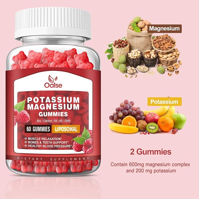 (2 Pack) Potassium Magnesium Gummies for Adults Kids High Absorption Potassium Citrate 200mg Magnesium Glycinate 400mg Chewable Gummy Supplements for Leg Cramps &amp Muscle Raspberry