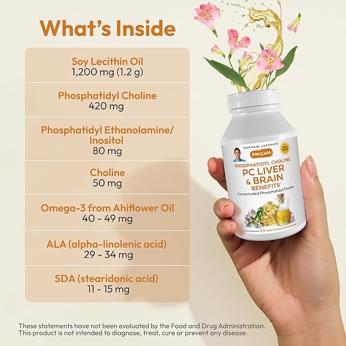 ANDREW LESSMAN PC Liver and Brain Benefits 180 Softgels - Phosphatidyl Choline Most Important Building Block for Healthy Liver and Brain Structure Function. No Additives. Easy to Swallow Softgels