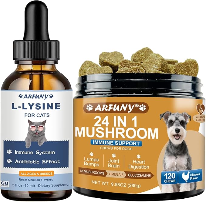 L-Lysine Supplement for Cats - Immune Support - 60ML Lysine for Feline Respiratory Sneezing Runny Nose Eye Function Mushrooms for Dogs - Turkey Tail Mushroom for Dogs - Gut Skin Joint Health