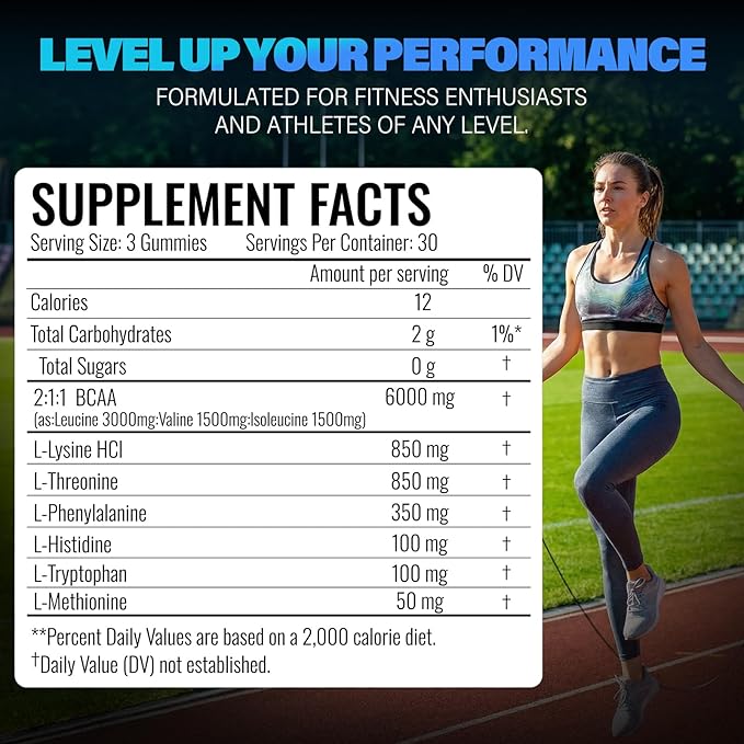 EAA Gummies - 2:1:1 BCAA Formula (8300mg) - Essential Amino Acids for Muscle Recovery &amp Endurance - Non-GMO Gluten Free Sugar Free Vegetarian Blue Raspberry Flavor - 90 Count