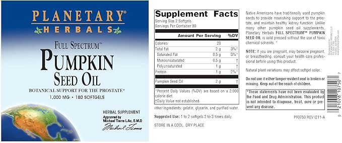 Planetary Herbals Full Spectrum Pumpkin Seed Oil Botanical Support for The Prostate* 1000 mg - 180 Count