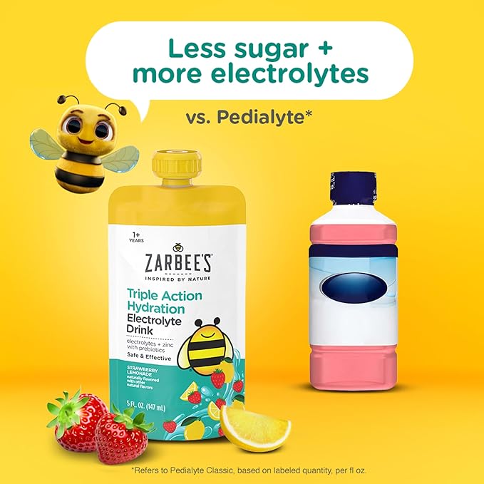 Zarbee’s Triple Action Hydration Electrolyte Drink for Kids Low Sugar with Prebiotics &amp Zinc Mild to Moderate Dehydration Strawberry Lemonade &amp Lemon Lime 12 x 5 fl oz Pouches