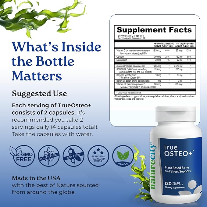 NatureCity True-Osteo Bone Support Supplement – Plant-Based Formula with AlgaeCal Calcium Magnesium Vitamin D3 K2 &amp Silicon | Gentle on Stomach (120 Veggie Capsules)