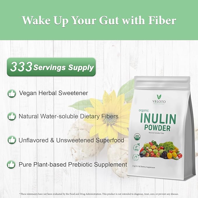 Organic Inulin Powder – Prebiotic Fiber Supplement for Smoothies &amp Drinks 2.2 lb Flavorless Water Soluble Vegan &amp Non-GMO