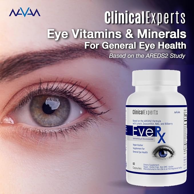 Navan EyeRx Antioxidant AREDS2 Eye Vitamins &amp Minerals Supplement for General Eye Health by Clinical Experts - Lutein Zeaxanthin NAC Bilberry Zinc Vitamin C - Kosher Certified 60 Capsules