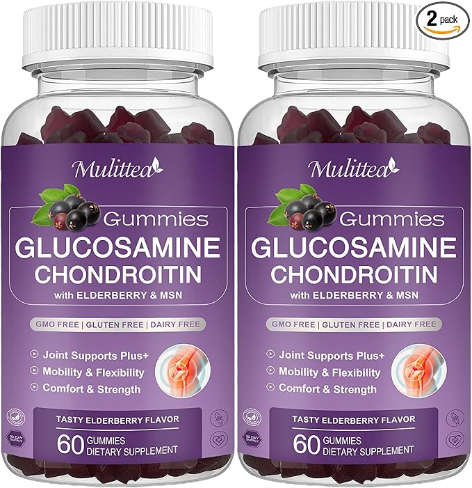 Mulittea Glucosamine Chondroitin Gummies - Extra Strength Joint Support Supplement with MSM &amp Elderberry for Natural Joint Antioxidant Immune Support for Adults Men &amp Women-(2 Pack)