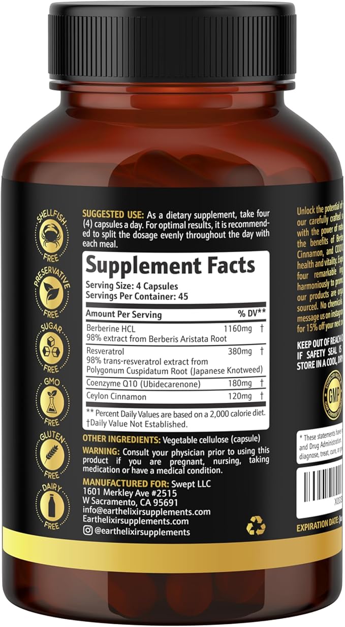 Earth Elixir 4-in-1 Berberine Supplement – Organic Berberine with Ceylon Cinnamon CoQ10 Ubiquinol and Resveratrol Powder – Metabolic &amp Cellular Energy Support 180 Vegan Capsules
