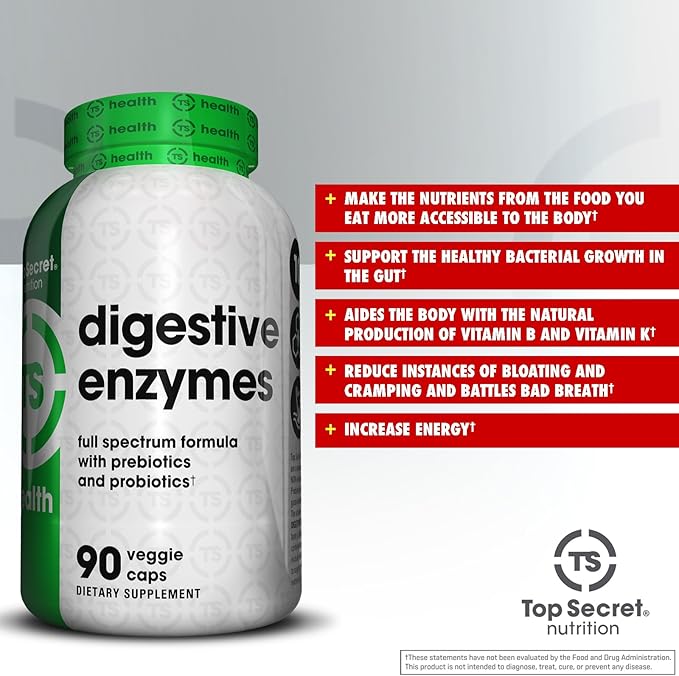 Top Secret Nutrition Digestive Enzymes | Full Spectrum Prebiotics &amp Probiotics | 10 Enzymes | for Gut Health Bloating &amp Nutrient Absorption | 90 Capsules