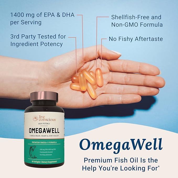 Live Conscious OmegaWell Fish Oil: Heart Brain and Joint Support | 800 mg EPA 600 mg DHA - Enteric-Coated Sustainably Sourced - Easy to Swallow 120 Count (2-Pack)