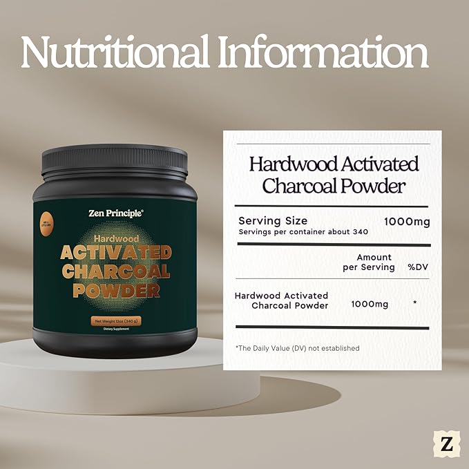 Zen Principle Activated Charcoal Powder only from USA Hardwood Trees. All Natural. Whitens Teeth Rejuvenates Skin and Hair Supports Better Digestion. Free Scoop Included. 12 oz.