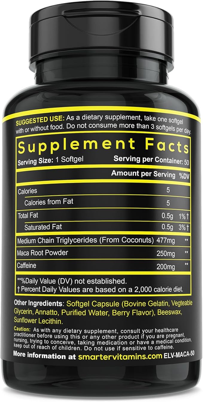 SmarterVitamins Smarter Energy Pills 200mg Caffeine &amp Coconut MCT Oil with Maca Root 50 Liquid Softgels