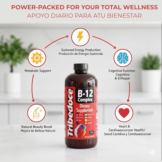 B-12 Complex Liquid Dietary Supplement - High Potency Vitamin B Complex with Thiamine Riboflavin Niacin Pantothenic Acid Pyridoxine Biotin and Cobalamin Non-GMO Gluten Free 16 fl oz