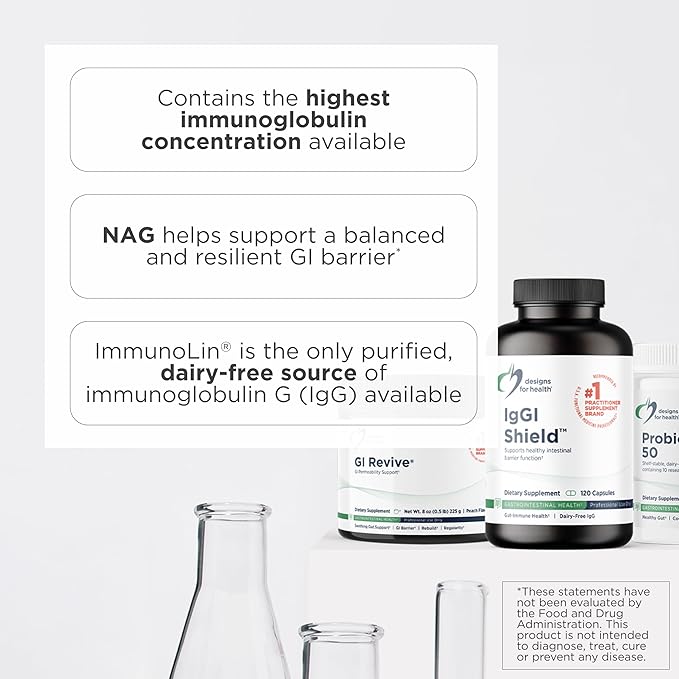 Designs for Health IgGI Shield - Gut Health &amp Immune Support Powder with Dairy-Free ImmunoLin Immunoglobulin and NAG - Help Bind &amp Remove Toxins and Fortify the Intestinal Barrier (120 Capsule