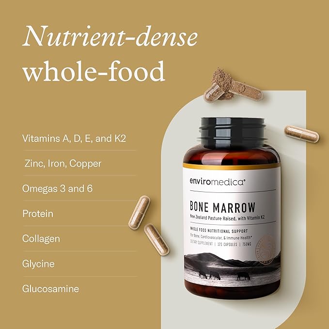 Enviromedica Bone Marrow Supplement – Grass-Fed New Zealand Beef Bone Marrow MCHA Bovine Cartilage Collagen Freeze-Dried Vitamin K2 MK7 120 Capsules