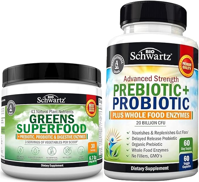 Super Greens Powder with Probiotics Prebiotics and Digestive Enzymes (30 Servings) Plus Advanced Strength Pre and Probiotics Supplement with Digestive Enzymes (2 Month Supply)