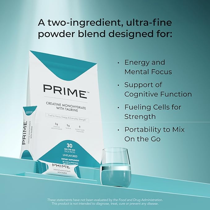 PRIME Creatine Monohydrate with Taurine – Cognitive Support &amp Muscle Energy Supplement – 5g Creatine Highly Bioavailable – Vegan &amp Dairy Free – 30 Individual Stick Packs