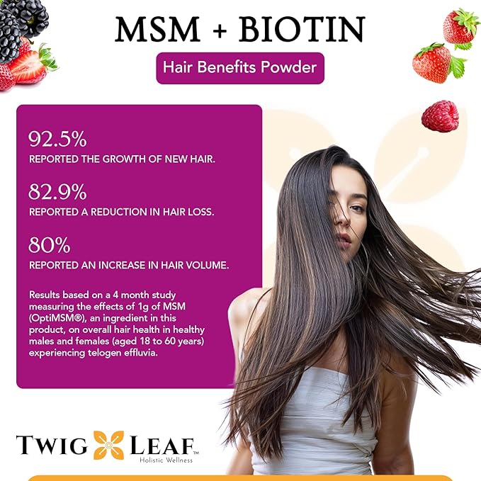 MSM + Biotin Hair Benefits Powder - Hair Growth MSM Supplement for Women &amp Men - Biotin &amp Vitamin C Blend - Wildberry MSM Powder for Hair Volume &amp Strength - Gluten-Free - 30 Servings (8.5