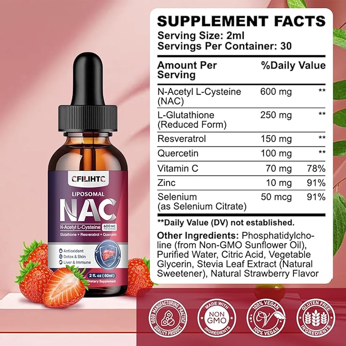 Liposomal Liquid NAC Supplement N-Acetyl Cysteine Drops N Acetyl Cysteine 600mg with Glutathione Resveratrol &amp Zinc for Adults &amp Kids Liver Lung Antioxidant Immune &amp Skin Health Strawbe