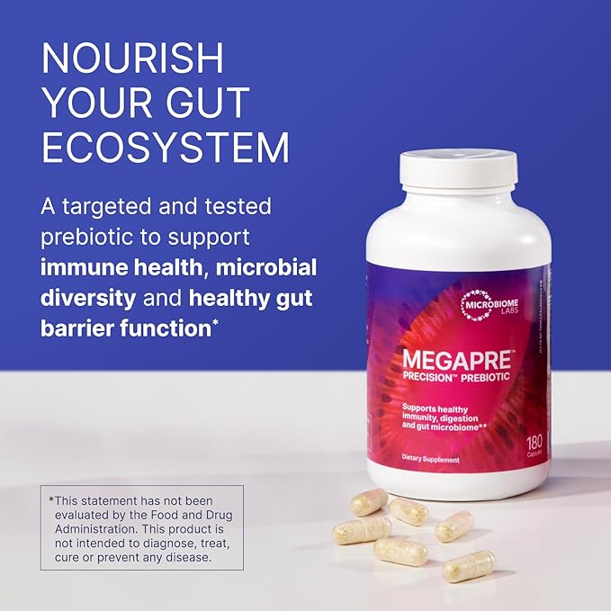 Microbiome Labs MegaPre Prebiotic Fiber Supplement in Vegetable Capsules - Prebiotic Supplement with Clinically Tested Oligosaccharides - Support Microbial Diversity &amp Gut Health (180 Capsules)