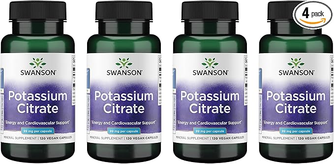 Swanson Potassium Citrate - Mineral Supplement Promoting Heart Health &amp Energy Support - Aids Optimal Nerve &amp Kidney Function with Natural Ingredients - (120 Capsules 99mg Each) (4 Pack)