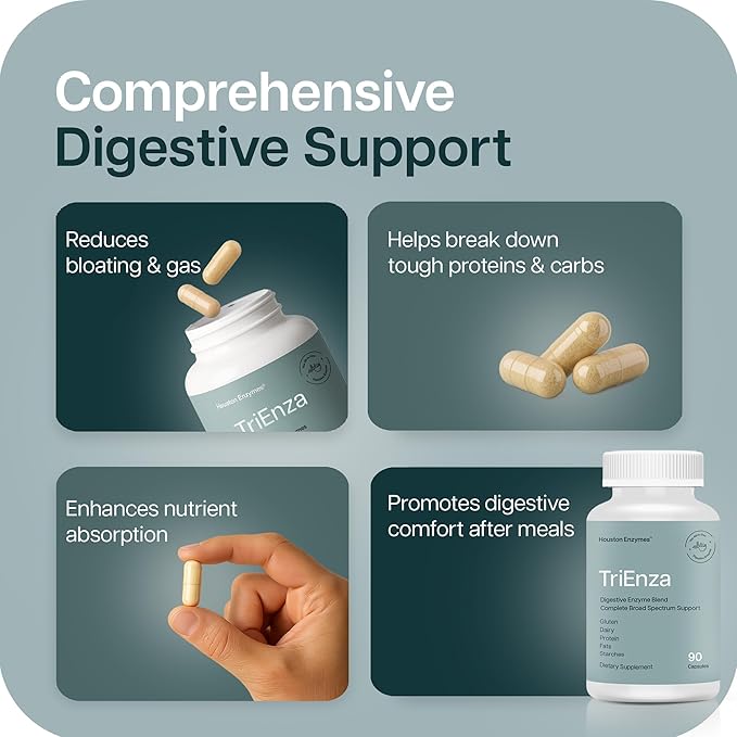 TriEnza Digestive Enzymes for Women and Men– Digestive Enzyme Supplements for Proteins Carbs Fats &amp Polyphenols Digestion – Help Break Down Wheat Dairy Soy &amp Meats - Health Supplement90 C