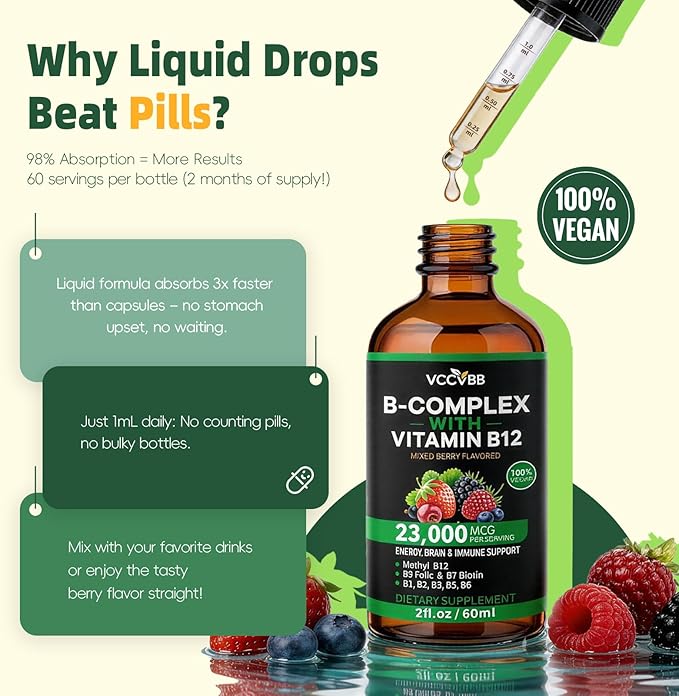 Vitamin B Complex Drops Active B12 Methylcobalamin 5000mcg B6 B1 B2 B5 B7 B3 Folate with Vitamin C B12 Sublingual Liquid Fast Absorption | Boost Energy Focus &amp Immunity Vegan | 60 Servi