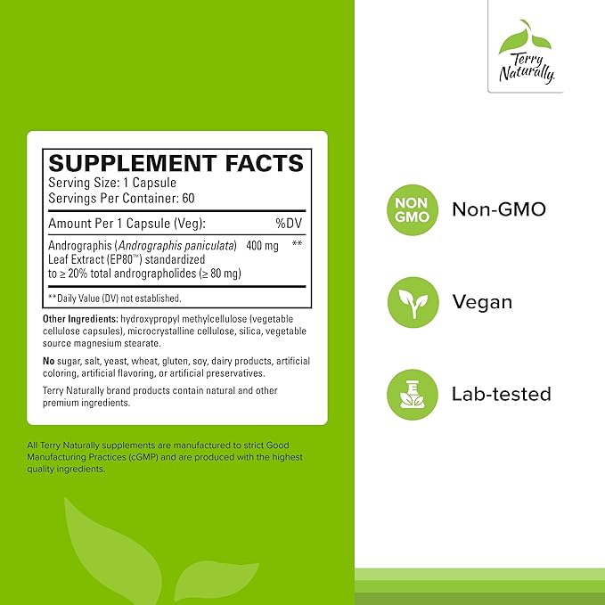 Terry Naturally Andrographis EP80 Extra Strength - Brain Health &amp Immune Support - Joint Health Supplement to Aid Mobility - Vegan Adaptogen Supplement for Energy &amp Liver Support - 60 Capsules