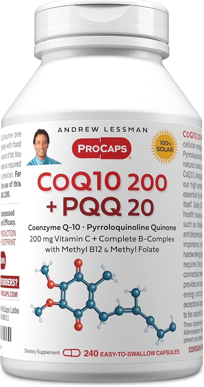 ANDREW LESSMAN Coenzyme Q-10 200 Plus PQQ 20mg - 240 Capsules - Maintains CoQ10 Levels Optimum Cellular Energy Supports Energy Production Heart Brain Liver Kidney Pancreas. No Additives