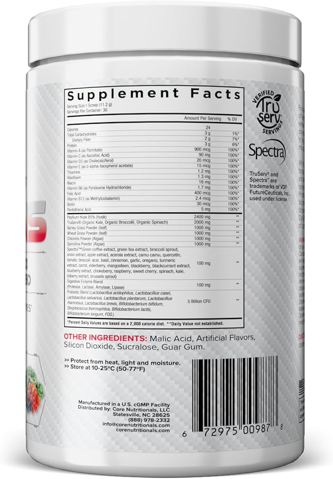 Core Nutritionals Greens | Premium Superfood Reds &amp Greens Blend | 5 Billion CFU Probiotics Digestive Enzymes &amp Antioxidants | 30 Servings (Berry Bliss)